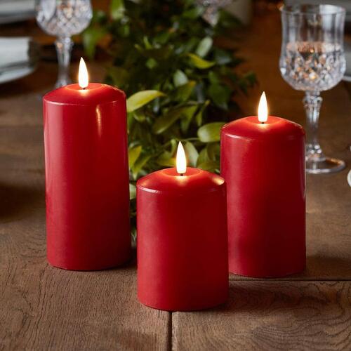 Set of 2 LED RED Wax Pillar Candles 13.5cm