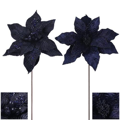 Midnight Blue Poinsettia Flower Pick 2 Pack 31cm