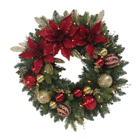 66cm Pre Lit Green Wreath Decorated with Red Flowers and Baubles 30 LED