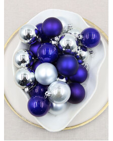 Silver / Royal Blue Christmas Baubles 70mm Pearl Matt