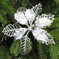 SILVER HOLLY LEAF PICK WITH GLITTER - Pack of 10