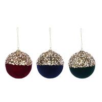 3 Designer Coloured Christmas Baubles Velvet With Glitter 90mm