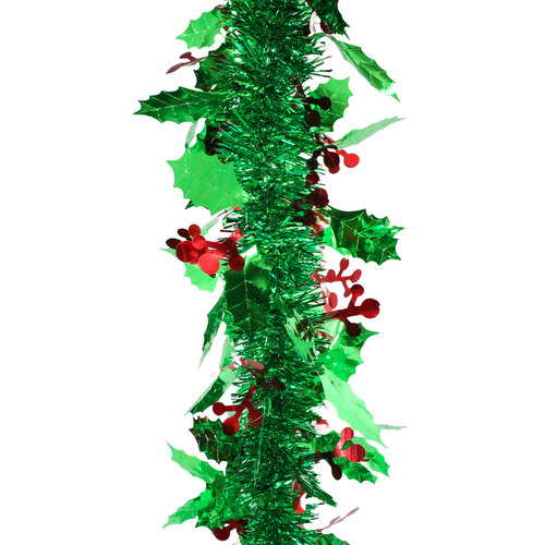 100m HOLLY Green Leaf Tinsel with Red Berries -  100mm wide
