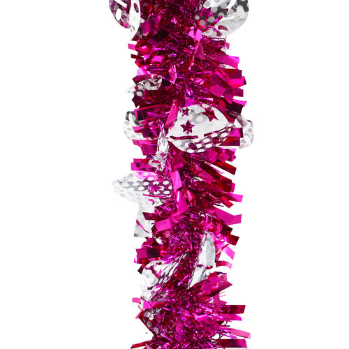 10m HOT PINK Christmas Tinsel With Silver Shapes 100mm wide