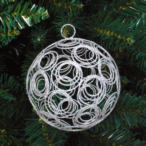 SILVER  Glitter Wire Bauble - 120mm  6 pack
