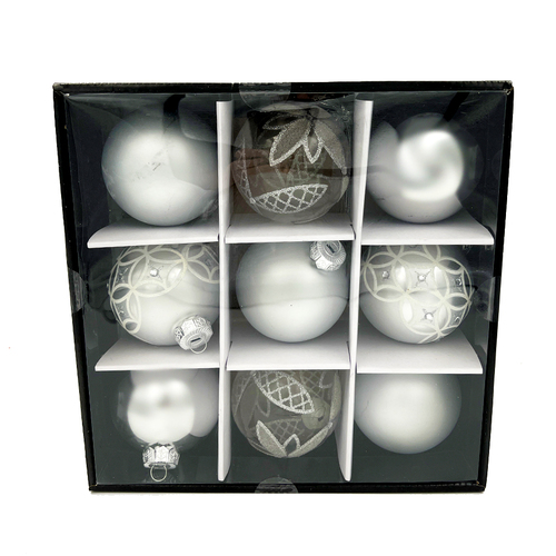 Silver 80mm Glass Christmas Baubles Assorted Finishes 9 Pack