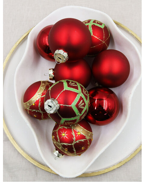 Red 80mm Glass Christmas Baubles Assorted Finishes 9 Pack