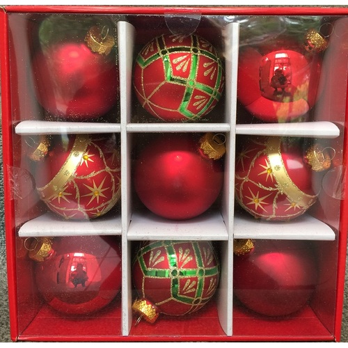 Red 80mm Glass Christmas Baubles Assorted Finishes 9 Pack