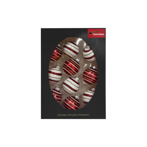 45mm RED And WHITE Glass Christmas Baubles 10 Pack
