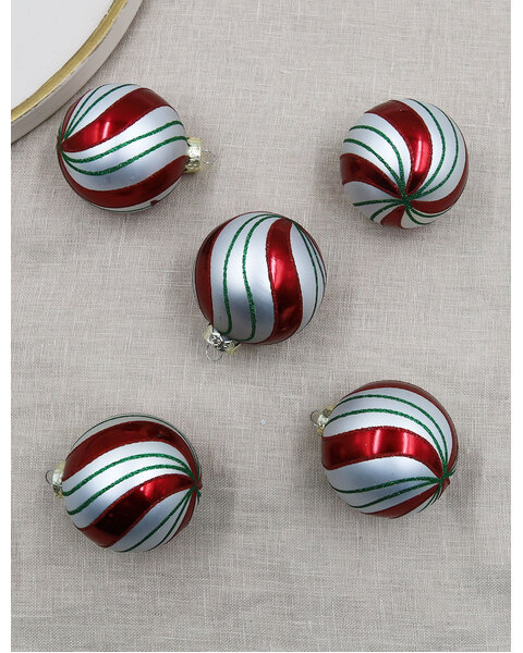 67mm Glass Christmas Baubles Pepermint Swirl 5 Pack