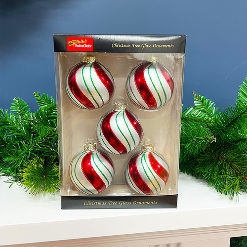 67mm Glass Christmas Baubles Pepermint Swirl 5 Pack