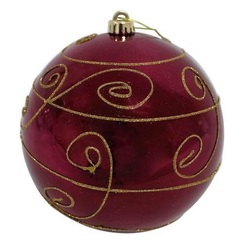 RED  300mm Christmas Bauble with Gold Swirl - Shiny