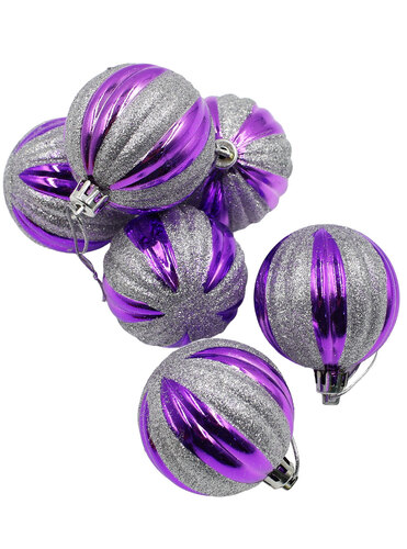 60mm Christmas Baubles Purple Silver Glitter 6 Balls