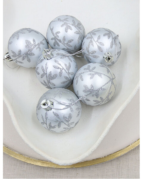 Silver Christmas Baubles with Flowers 60mm 6 pack