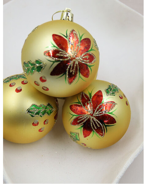 Gold with Flowers Christmas Baubles 80mm 4 pack Matt