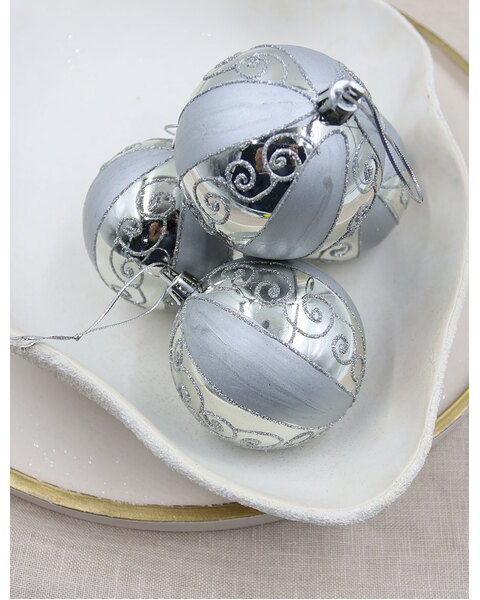 Silver Swirl with Stripe 80mm Christmas Baubles 4 Pack