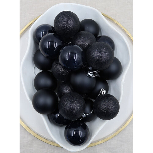 Black Christmas Baubles 60mm Pearl Matt Glitter 24 Pack