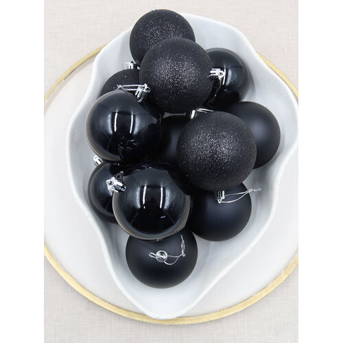 Black Christmas Baubles 80mm Pearl Matt Glitter 48 Pack