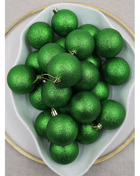 GREEN 70mm Christmas Baubles Glitter 24 Pack