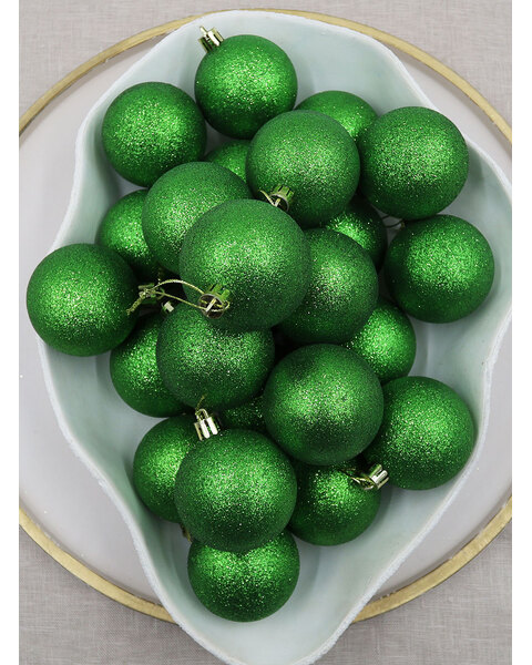 GREEN 70mm Christmas Baubles Glitter 48 Pack