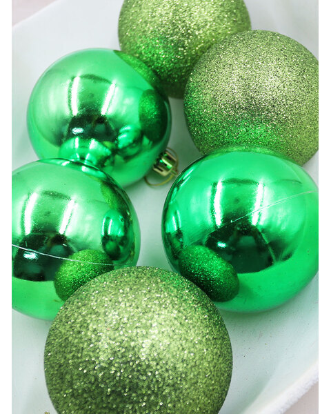 Green Christmas Baubles 80mm Gloss Glitter 6 Pack