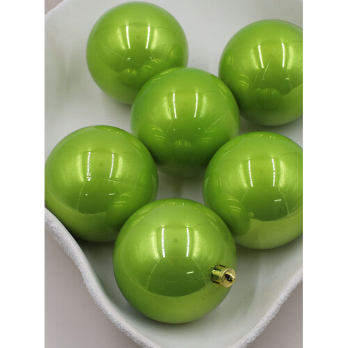 Lime Green Christmas Baubles 80mm Pearl 6 Pack
