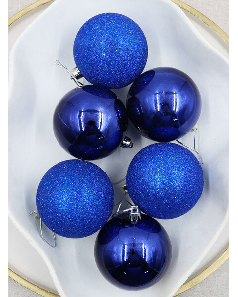 Royal Blue Christmas Baubles 80mm Gloss Glitter 6 Pack