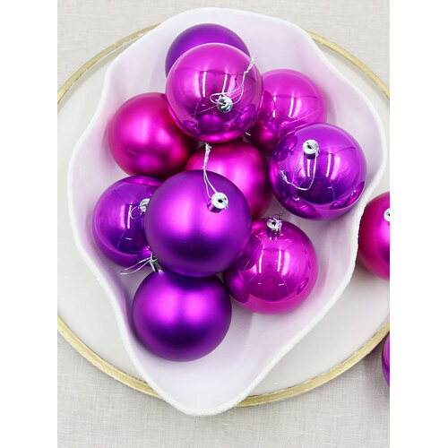 HOT PINK PURPLE MIX Christmas Baubles 80mm Pearl Matt 24 Pack