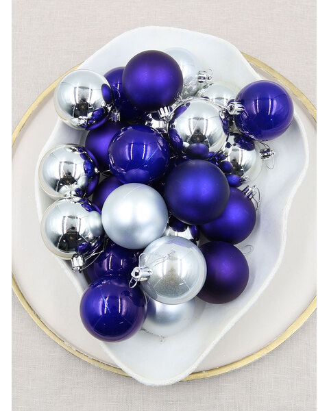 Silver / Royal Blue Christmas Baubles 70mm Pearl Matt