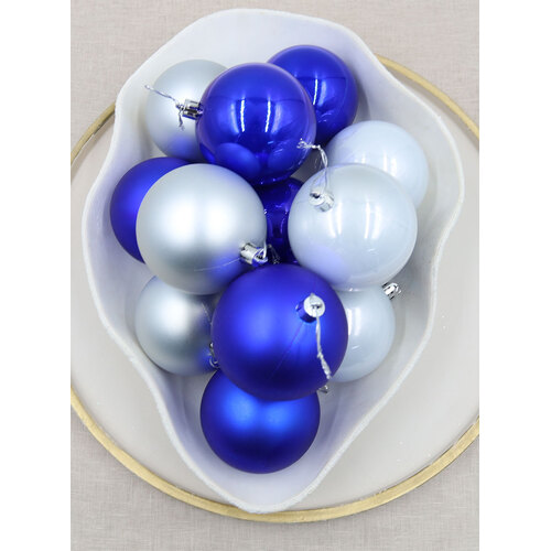 Silver/Royal Blue Christmas Baubles 80mm Pearl Matt 48 Pack