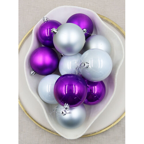 Silver / Purple Christmas Baubles 80mm Pearl Matt