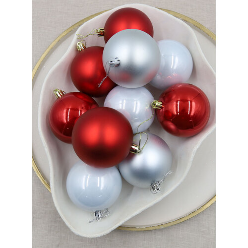 Silver / Red Christmas Baubles 80mm Pearl Matt