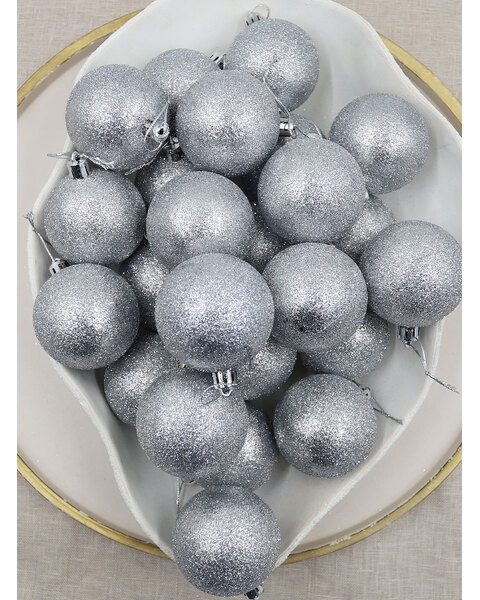 Christmas Baubles 60mm SILVER 24 Pack Glitter