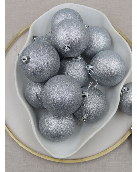 Christmas Baubles 70mm SILVER 24 Pack Glitter