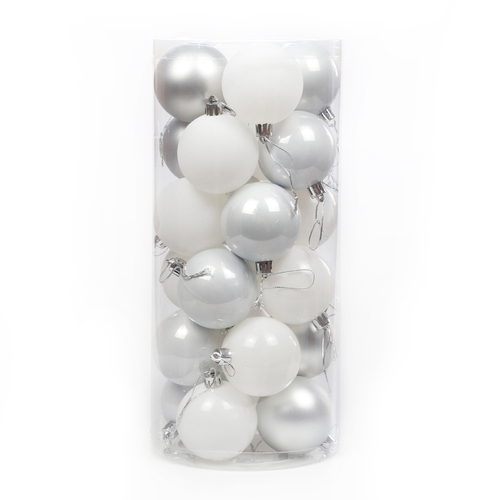 Silver/White Christmas Baubles 70mm 24 Pack