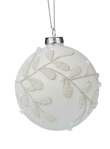 10cm White Glass Christmas Bauble with Leaf Pattern