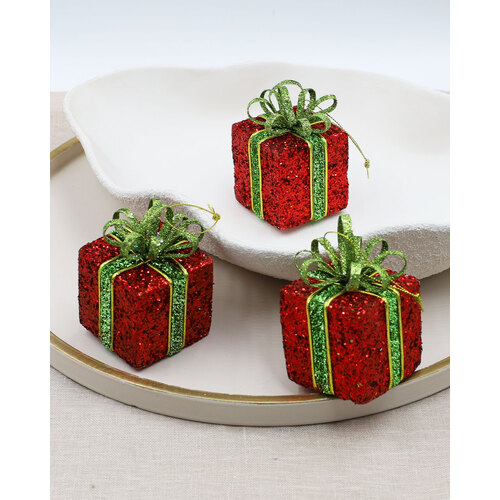 RED GLITTER PRESENT With GREEN BOW 60mm 6 pack