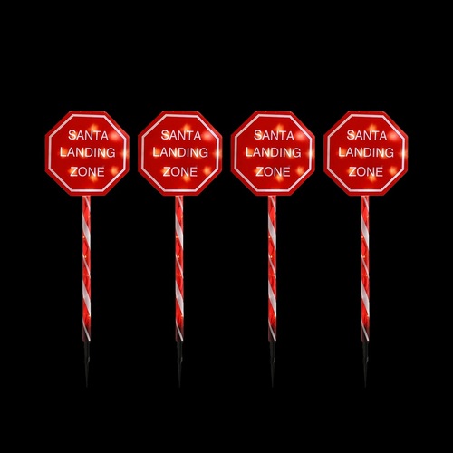 Set of 4 LED Santa Stop Here Connectable Stakes