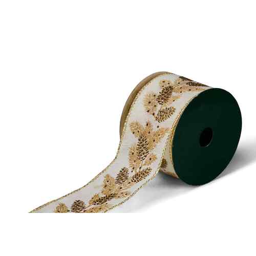 910cmL Christmas Ribbon Roll with Gold Leaf Pattern