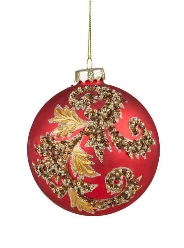 10cm Red Glass Christmas Bauble with Gold Jewels