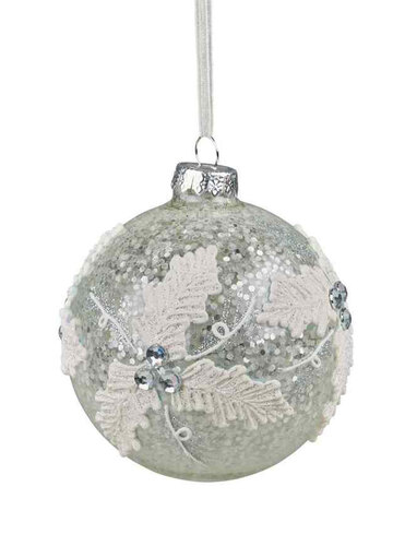 10cm Glitter Glass Christmas Bauble with Leaf Pattern