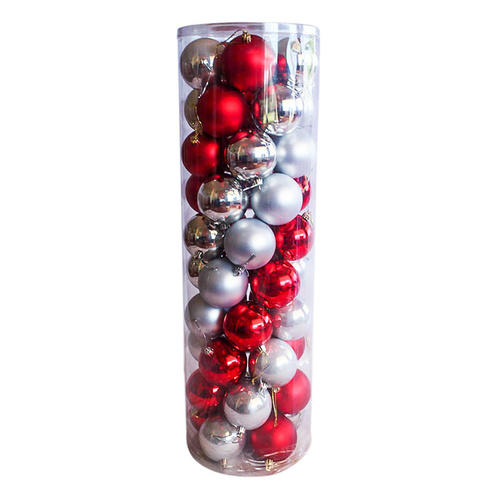 SILVER & RED 70mm Christmas Baubles Gloss Pearl Matt
