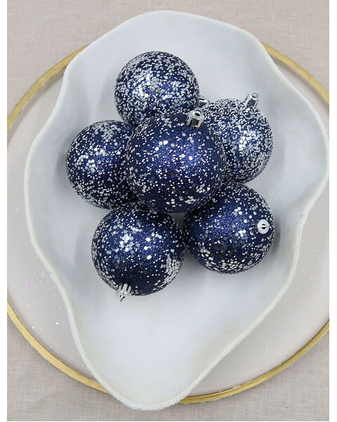 Mid Blue Christmas Baubles 80mm Gloss Glitter 6 Pack