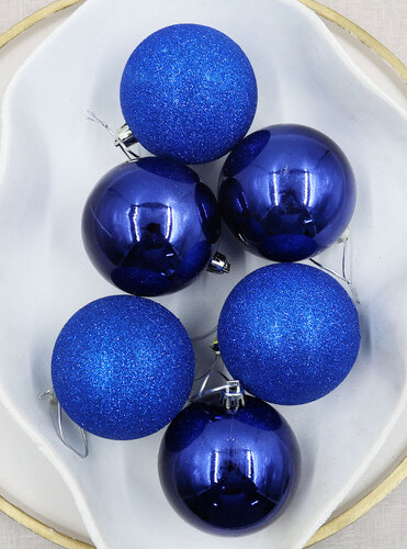 Mid Blue Christmas Baubles 80mm Gloss Glitter 6 Pack