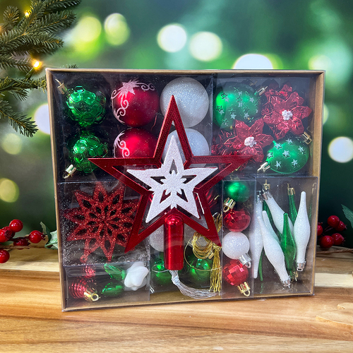 Red White & Green Christmas Tree 58pc Bauble Pack 