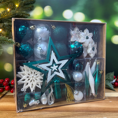 Dark Teal & White Christmas Tree 58pc Bauble Pack 