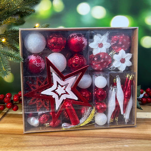 Red & White Christmas Tree 58pc Bauble Pack 