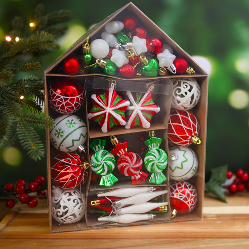 Red Green & White Candy Christmas 73pc Bauble Pack