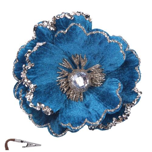Blue Flower With Crystal & Clip