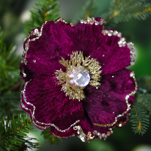 Burgundy Flower With Crystal & Clip - 15cm